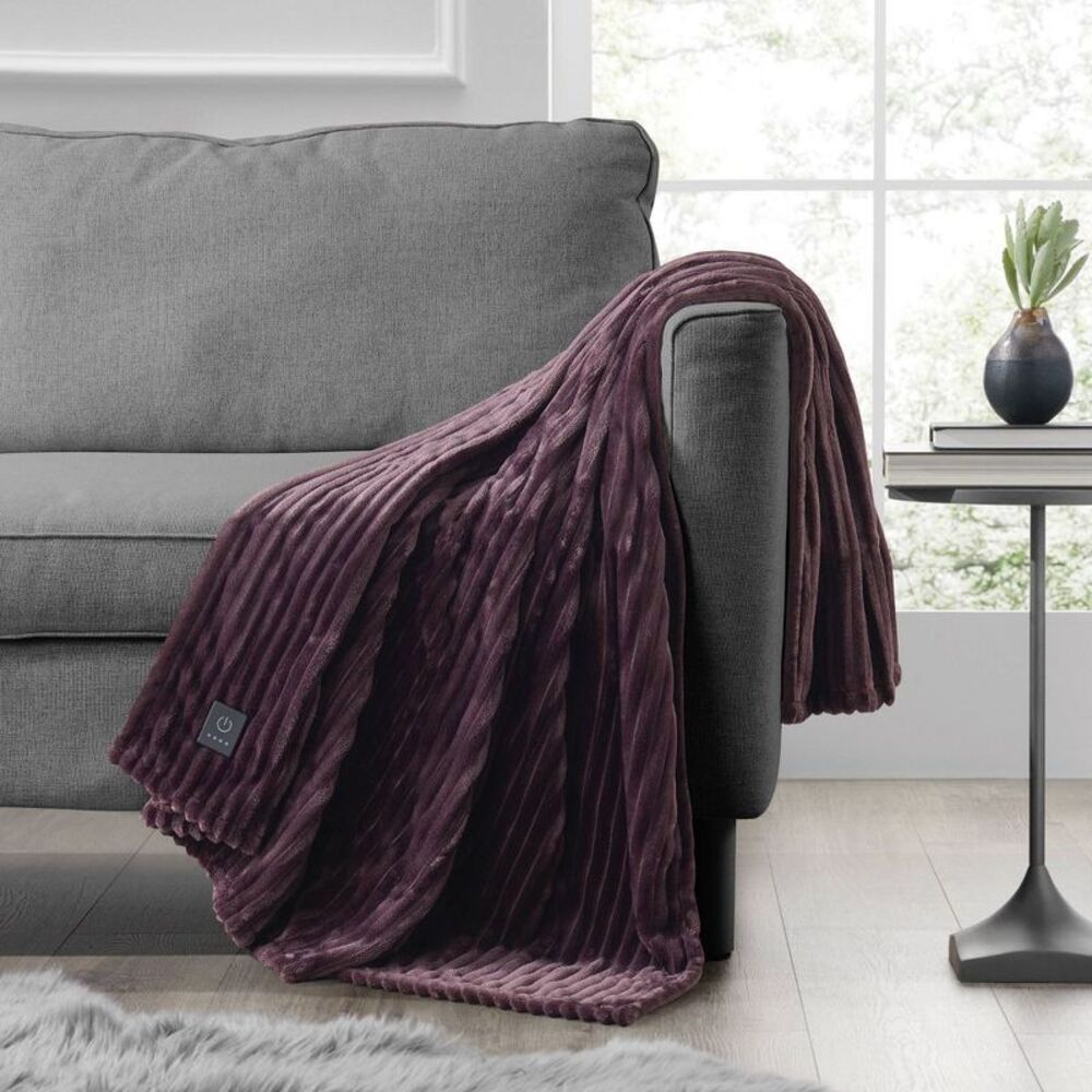 Brookstone -  Heated Solid Ribbed Plush Throw Raisin Purple